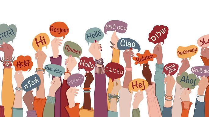 Illustration von vielen Händen, die Schilder hochhalten, auf denen "Hallo" in verschiedenen Sprachen steht.